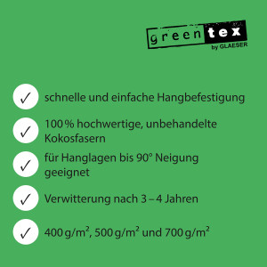 greentex® | grobes Kokosgewebe | 1 x 50 m - 500gr/m² | Böschungsmatte | Ufermatte | Erosionsschutzmatte