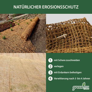 greentex® Kokosgewebe 500g/m² | 2m x 30m | Böschungsmatte | Ufermatte | Erosionsschutzmatte