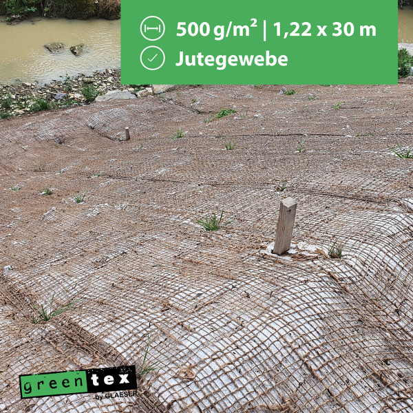 GLAESER greentex Jutegewebe 500gr/m² | Ufermatte aus 100% Jute | 1,20 x 30,00 m (B x L) Böschungsmatte/Erosionsschutzmatte