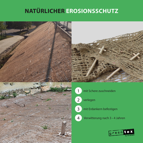 GLAESER greentex Jutegewebe 500gr/m² | Ufermatte aus 100% Jute | 1,20 x 10,00 m (B x L) Böschungsmatte/Erosionsschutzmatte